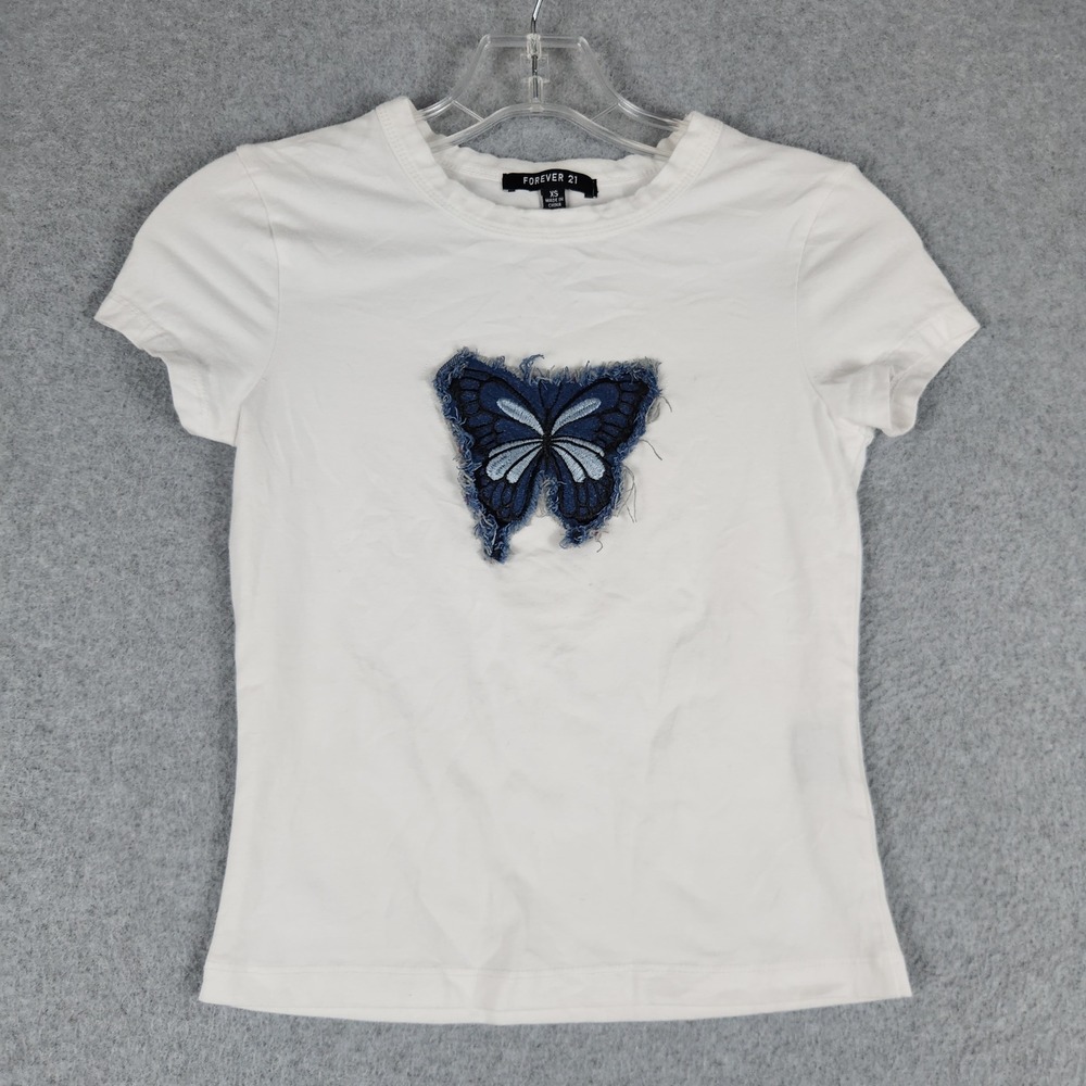 Forever 21 T-Shirt Kids XS White Butterfly Denim Patch Slim Fit Short Sleeve Tee